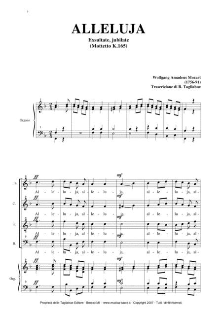 Free Sheet Music Alleluja Exsultate Jubilate K 165 W A Mozart Arr For Satb Choir And Organ