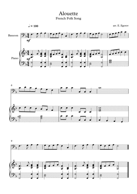 Alouette French Folk Song For Bassoon Piano Sheet Music