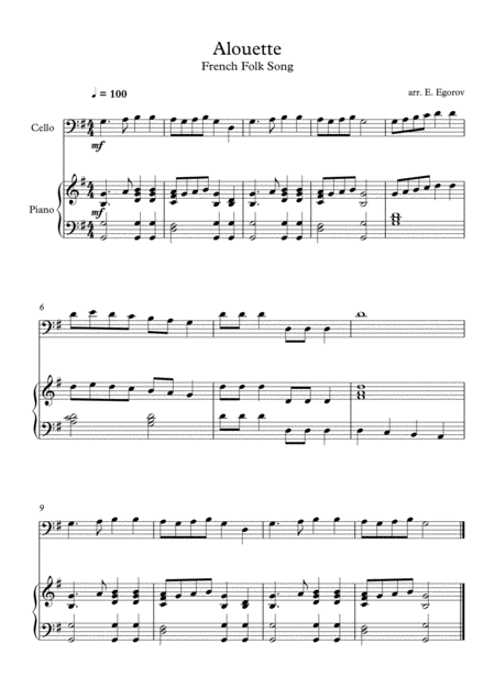 Alouette French Folk Song For Cello Piano Sheet Music