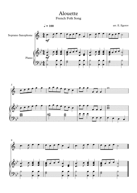 Free Sheet Music Alouette French Folk Song For Soprano Saxophone Piano