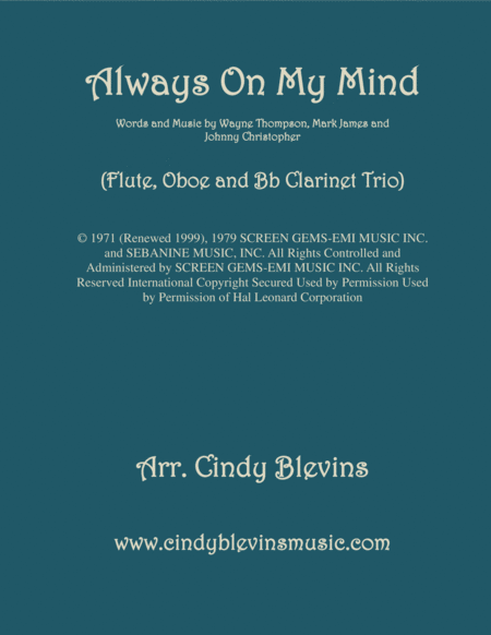 Always On My Mind Arranged For Flute Oboe And Bb Clarinet Sheet Music