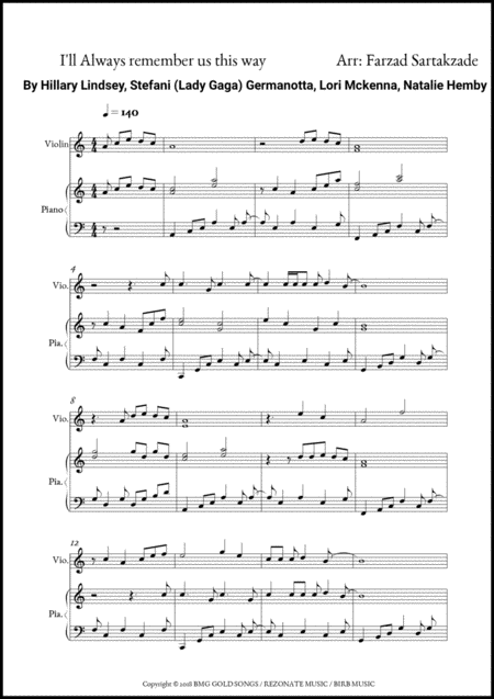 Free Sheet Music Always Remember Us This Way Duet Piano Violin Or