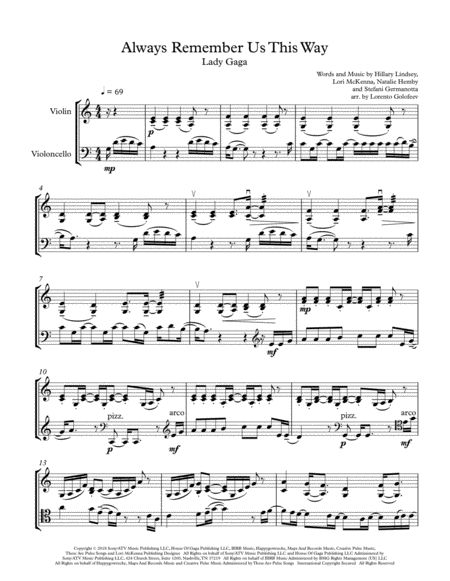 Always Remember Us This Way From A Start Is Born String Duo Sheet Music