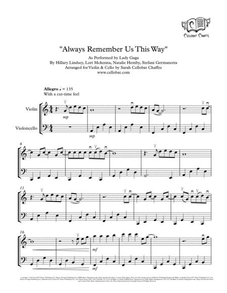 Free Sheet Music Always Remember Us This Way Violin Cello Duet Lady Gaga Arr Cellobat