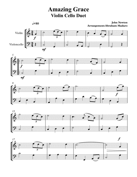 Amaizing Grace Violin Cello Duet Sheet Music