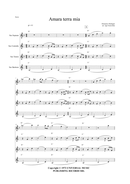 Amara Terra Mia For Saxophone Quartet Satb Sheet Music