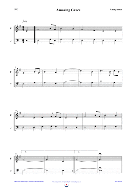 Free Sheet Music Amazig Grace Easy Brass Duet Nb 8 F C