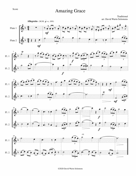 Amazing Grace Arranged For 2 Flutes Sheet Music