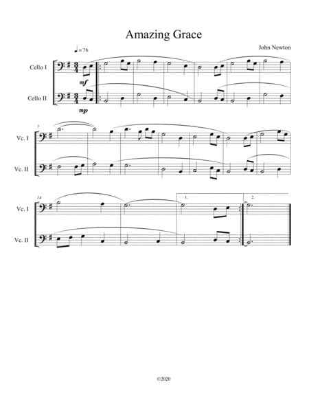 Amazing Grace Cello Duet Sheet Music