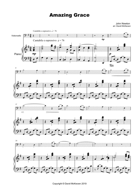 Amazing Grace Concert Solo For Cello And Piano Sheet Music