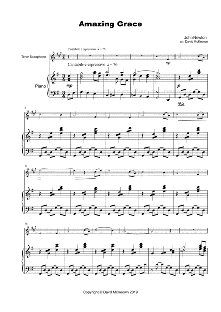 Amazing Grace Concert Solo For Tenor Saxophone And Piano Sheet Music