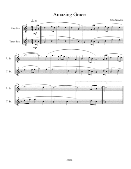 Amazing Grace Duet For Alto And Tenor Sax Sheet Music