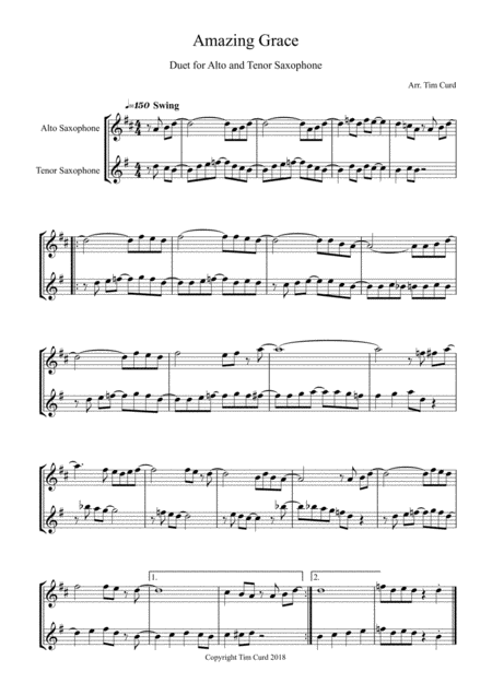 Amazing Grace Duet For Alto And Tenor Saxophone Sheet Music