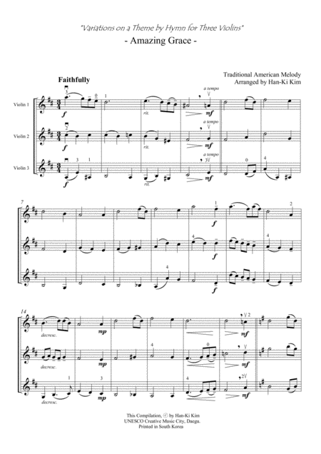 Free Sheet Music Amazing Grace For 3 Violins Or 2vns And Va