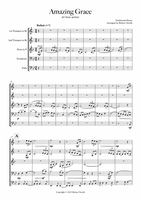 Amazing Grace For Brass Quintet Sheet Music