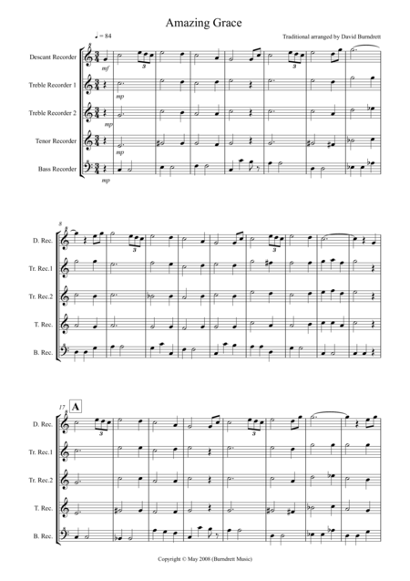 Amazing Grace For Recorder Quintet Sheet Music