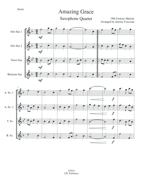 Free Sheet Music Amazing Grace For Saxophone Quartet Satb Or Aatb