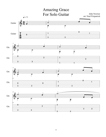 Amazing Grace For Solo Guitar Beginner Level Sheet Music