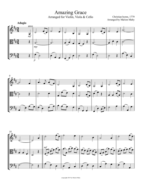 Amazing Grace For String Trio Vln Vla Cello Sheet Music