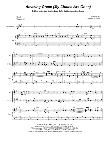 Amazing Grace My Chains Are Gone Duet For Flute And Bb Clarinet Sheet Music