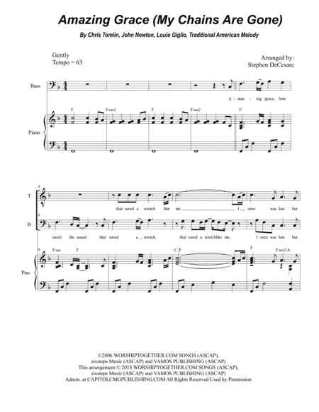 Amazing Grace My Chains Are Gone For 2 Part Choir Tb Sheet Music