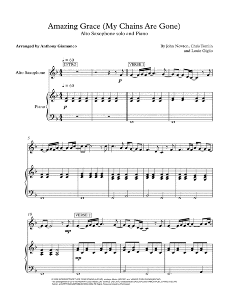 Amazing Grace My Chains Are Gone For Alto Saxophone Solo And Piano Sheet Music