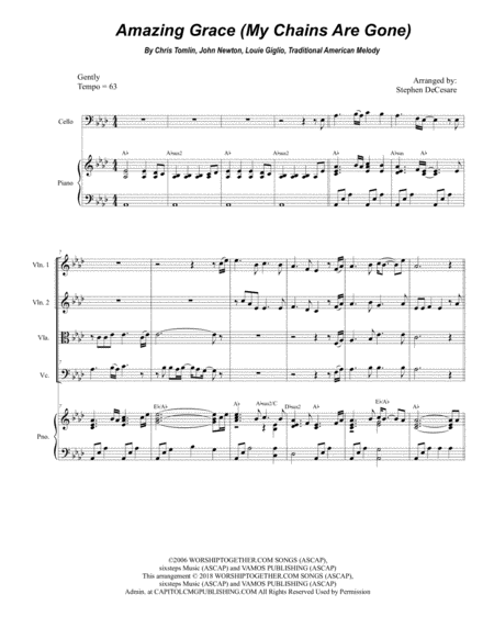 Free Sheet Music Amazing Grace My Chains Are Gone For String Quartet And Piano