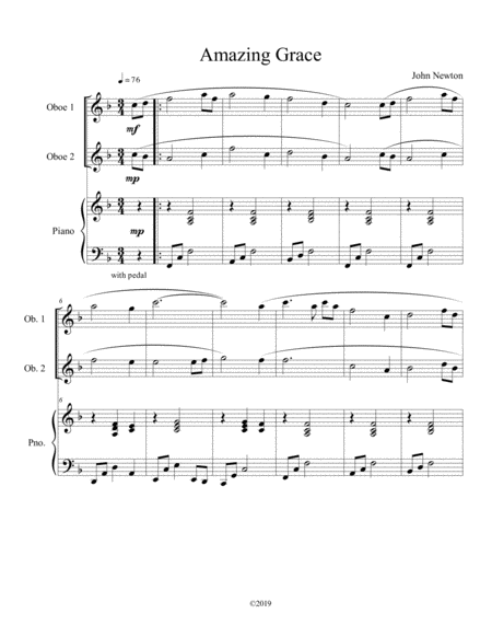 Amazing Grace Oboe Duet With Piano Accompaniment Sheet Music