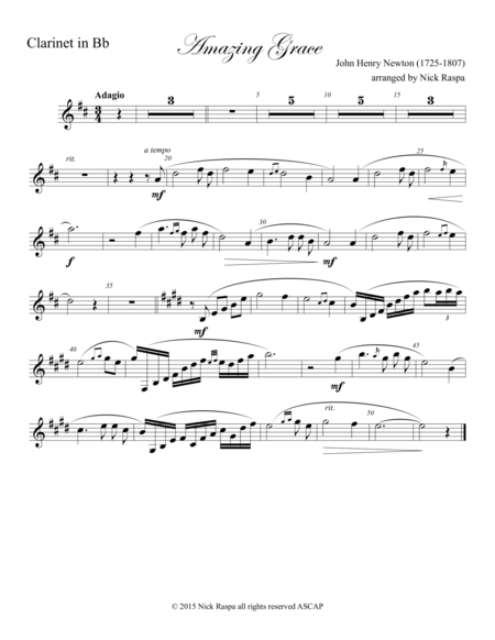 Free Sheet Music Amazing Grace Piano And Clarinet In B Flat Clarinet Part