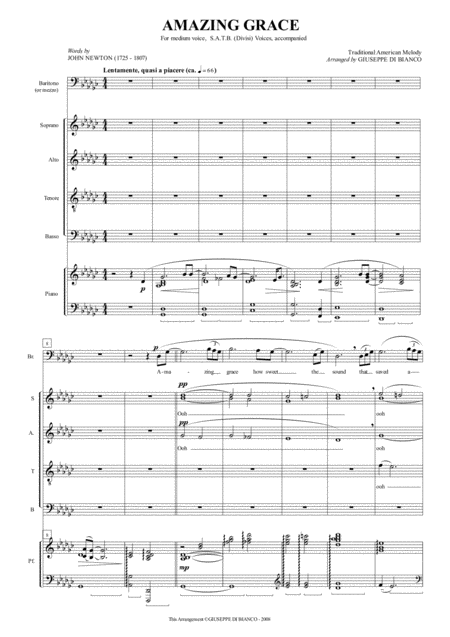 Amazing Grace Satb Medium Voice Piano Sheet Music