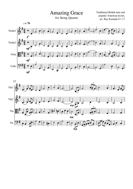 Free Sheet Music Amazing Grace Theme And Variations For String Quartet