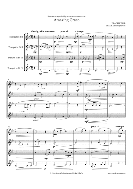 Free Sheet Music Amazing Grace Trumpet Quartet Intermediate