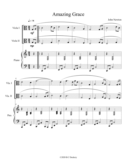 Amazing Grace Viola Duet With Optional Piano Accompaniment Sheet Music