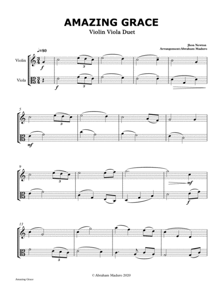 Amazing Grace Violin Viola Duet Three Tonalities Included Sheet Music