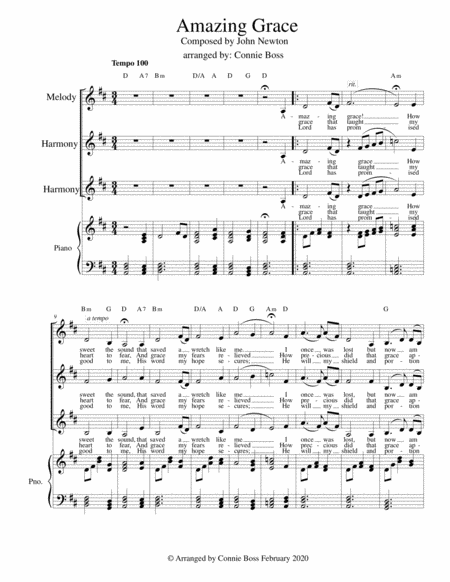 Free Sheet Music Amazing Grace Vocal Trio And Piano Key Of D Lower Range