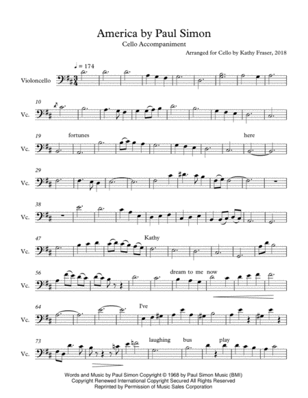 America By Paul Simon For Cello Accompaniment Sheet Music