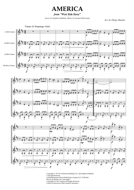 America From West Side Story For Clarinet Quartet Sheet Music