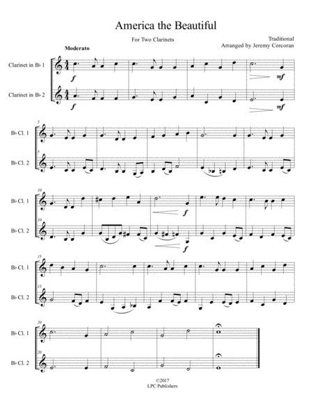 Free Sheet Music America The Beautiful Clarinet Duet