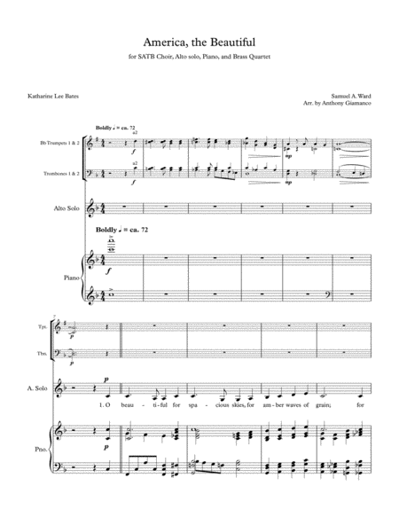 America The Beautiful Satb Choir Piano Alto Solo Brass Quartet Sheet Music