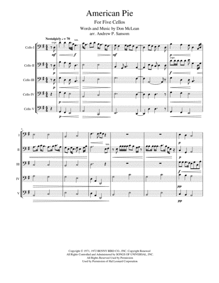 American Pie For Five Cellos Sheet Music