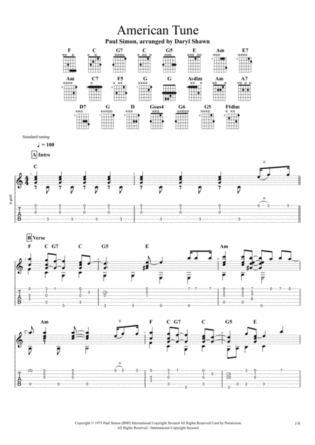 American Tune Paul Simon For Solo Fingerstyle Guitar Sheet Music