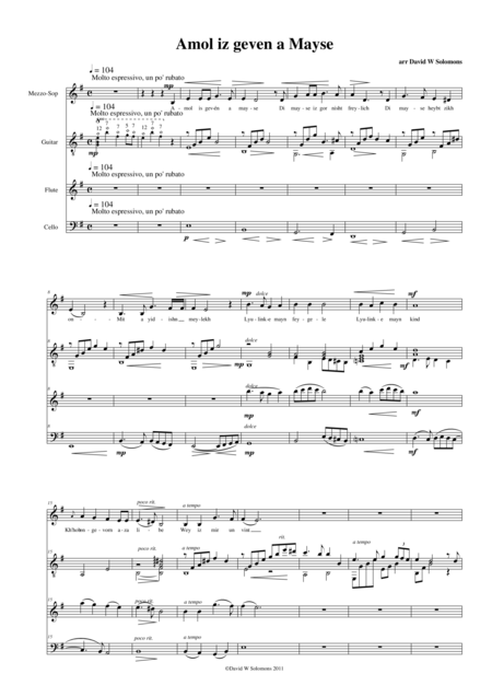 Free Sheet Music Amol Iz Geven A Mayse For Mezzo Soprano Flute Cello And Guitar