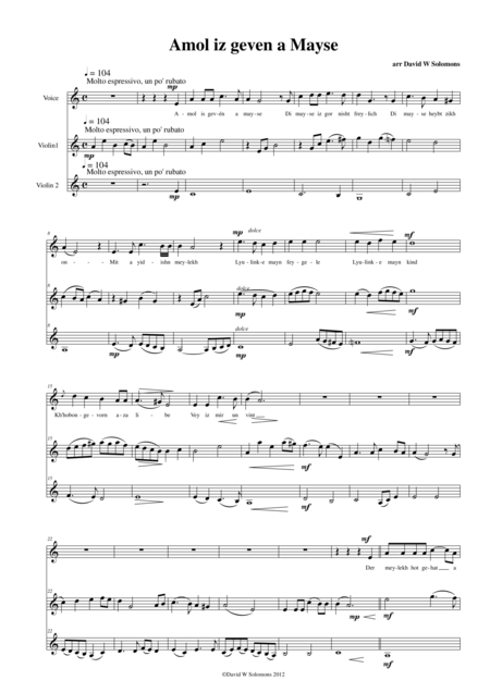 Free Sheet Music Amol Iz Geven A Mayse For Soprano Or Treble Voice And 2 Violins Simplified Version