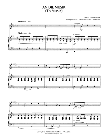 An Die Musik To Music Franz Schubert Clarinet And Piano Sheet Music