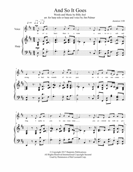 Free Sheet Music And So It Goes For Solo Harp Or Harp And Voice