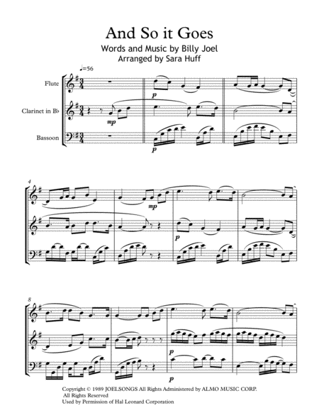 Free Sheet Music And So It Goes For Woodwind Trio Flute Clarinet Bassoon