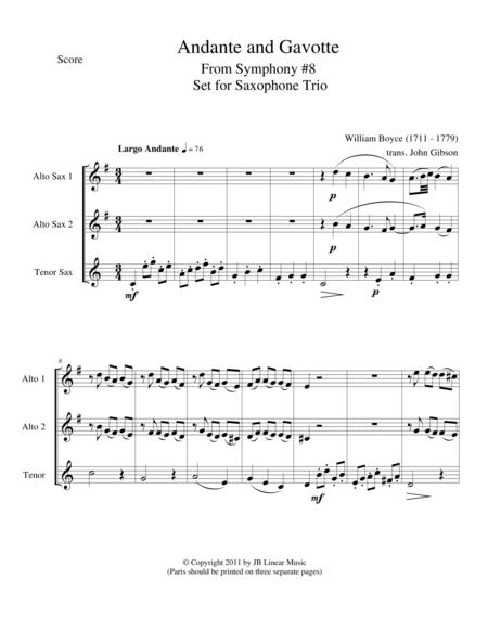 Andante And Gavotte By William Boyce For Saxophone Trio Sheet Music