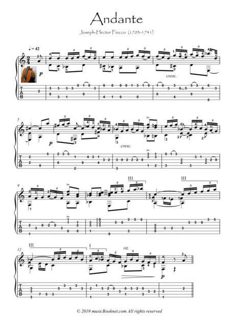 Andante By Fiocco Classical Guitar Solo Sheet Music