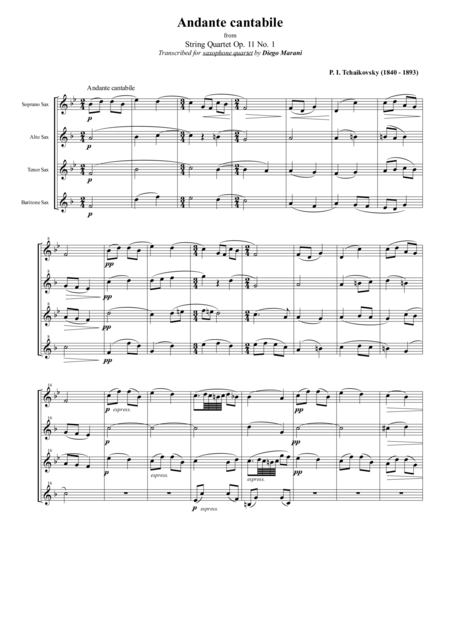 Andante Cantabile For Saxophone Quartet Satb Sheet Music