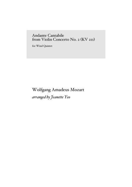 Andante Cantabile From Mozarts Violin Concerto No 2 In D Major Kv 211 For Wind Quintet Part Score Sheet Music